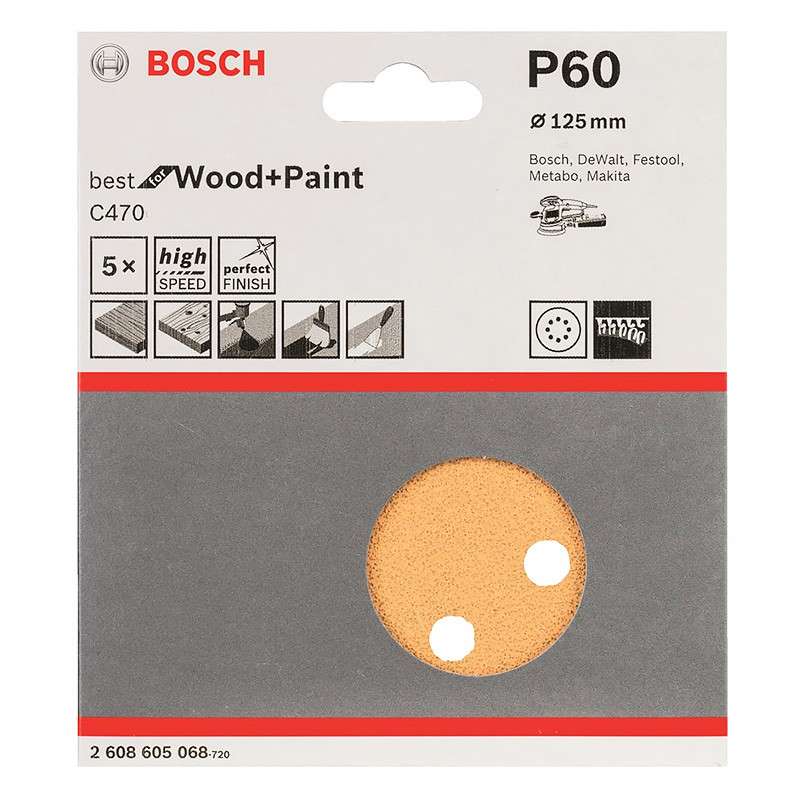 5 Disques abrasifs C470 BOSCH pour ponceuses excentriques Ø 125 mm Best for Wood and Paint 8 trous - Image 2
