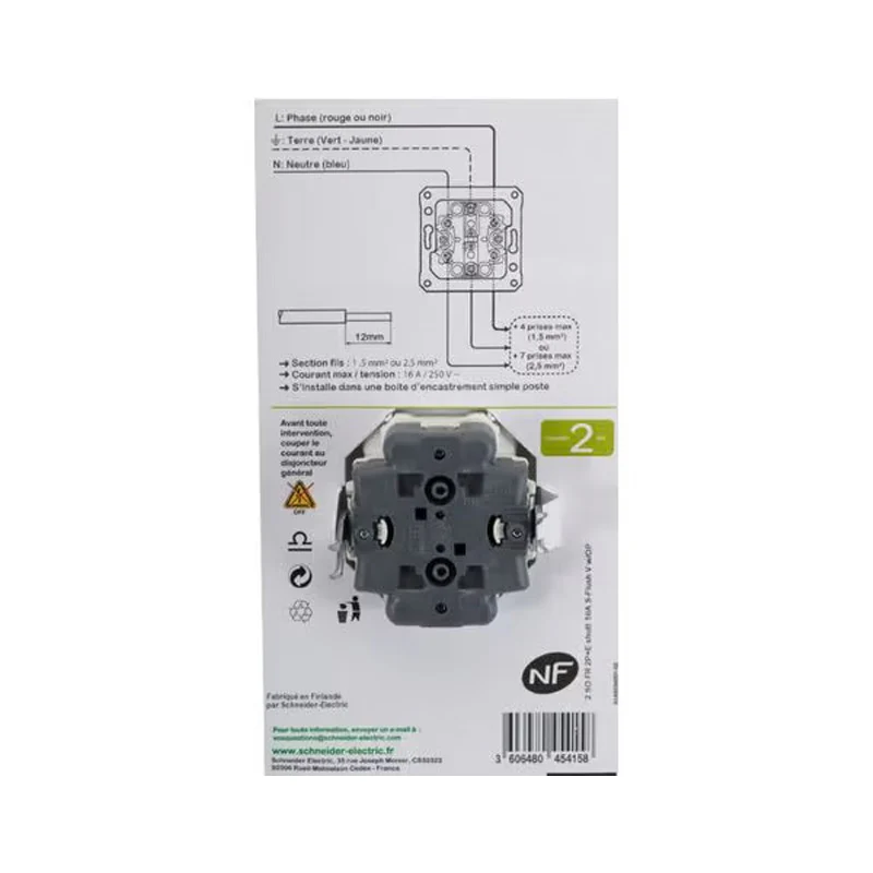 Double prise de courant 2P+T OVALIS SCHNEIDER S262089 avec terre 250V