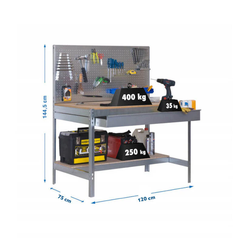 Etabli de travail 1200mm - SIMONRACK - BT2 BOX 1200 - 2 tablettes 1 tiroir et panneau percé