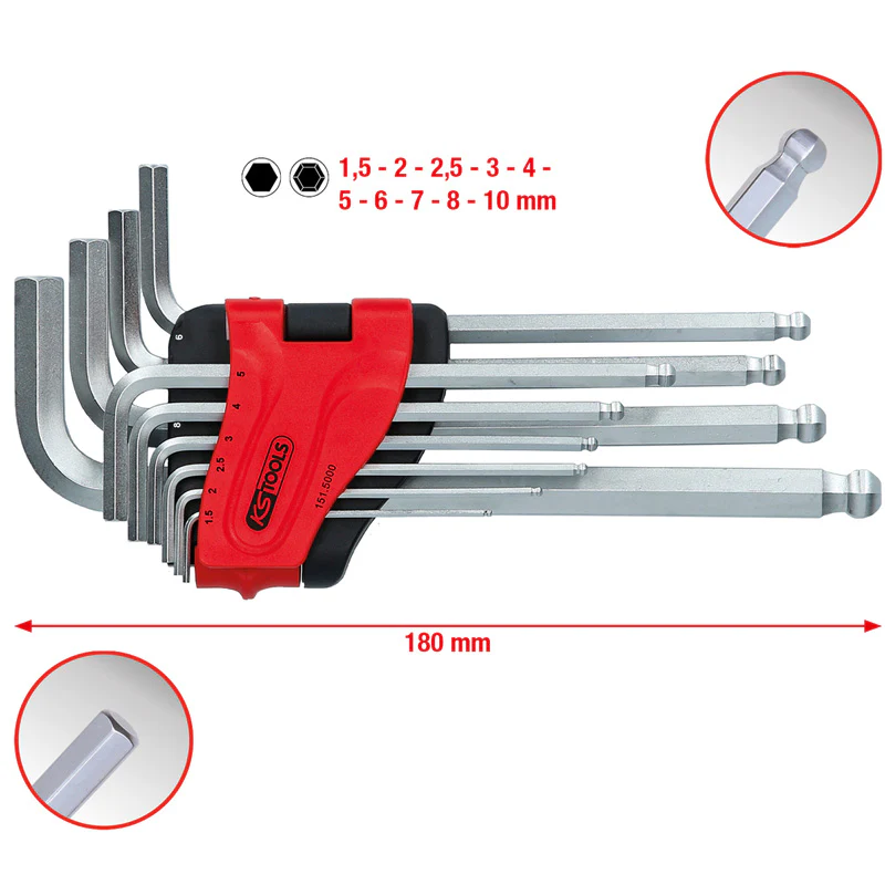 Jeu de 10 clés mâles longues coudées 6 pans et tête sphérique, 1,5 à 10 mm  - KS TOOLS - 151.5000 - Image 2