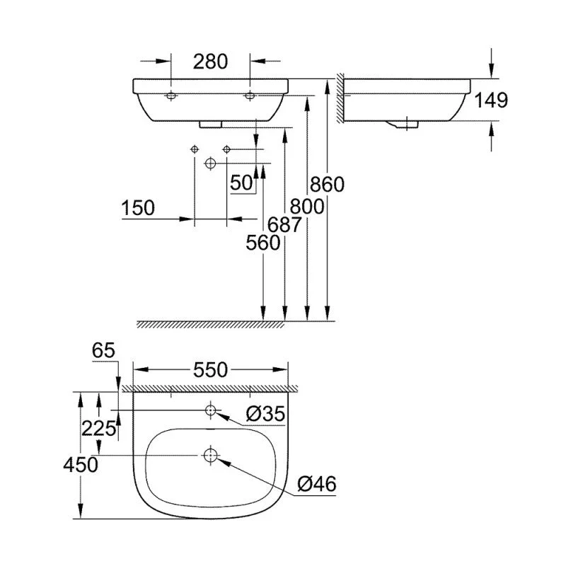 Lavabo suspendu EURO CERAMIC GROHE 3933600H avec pureguard - 55 cm - Image 2