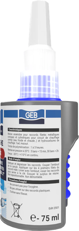 Résine anaérobie d'étanchéitée GEB pour raccords filetés métal chauffage et air comprimé 75ml - Image 4