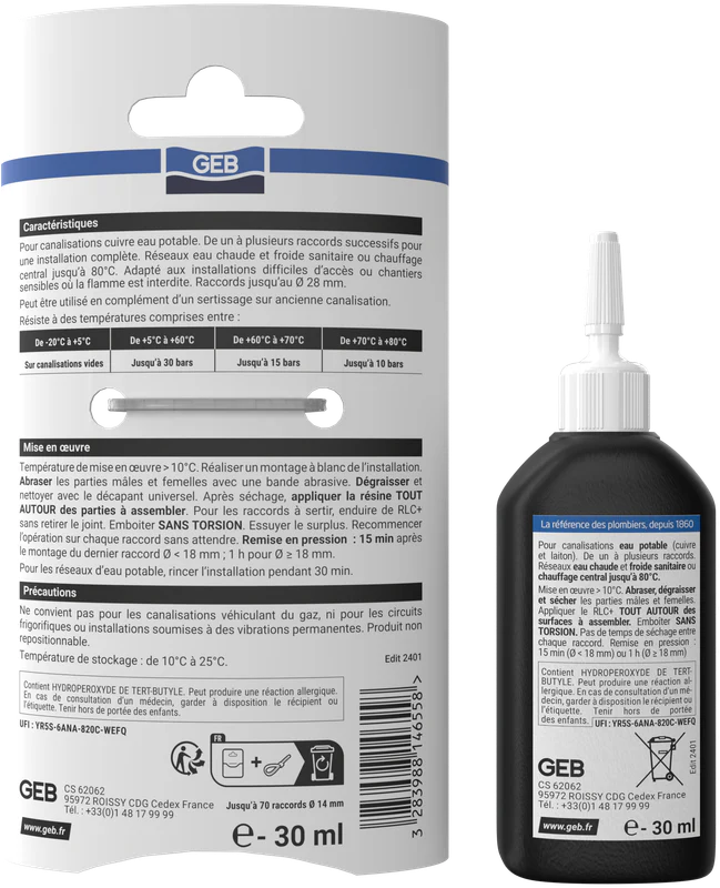 Résine anérobie GEB RLC+ pour le raccordement sans flamme d'une installation en cuivre et laiton 30ml - Image 3
