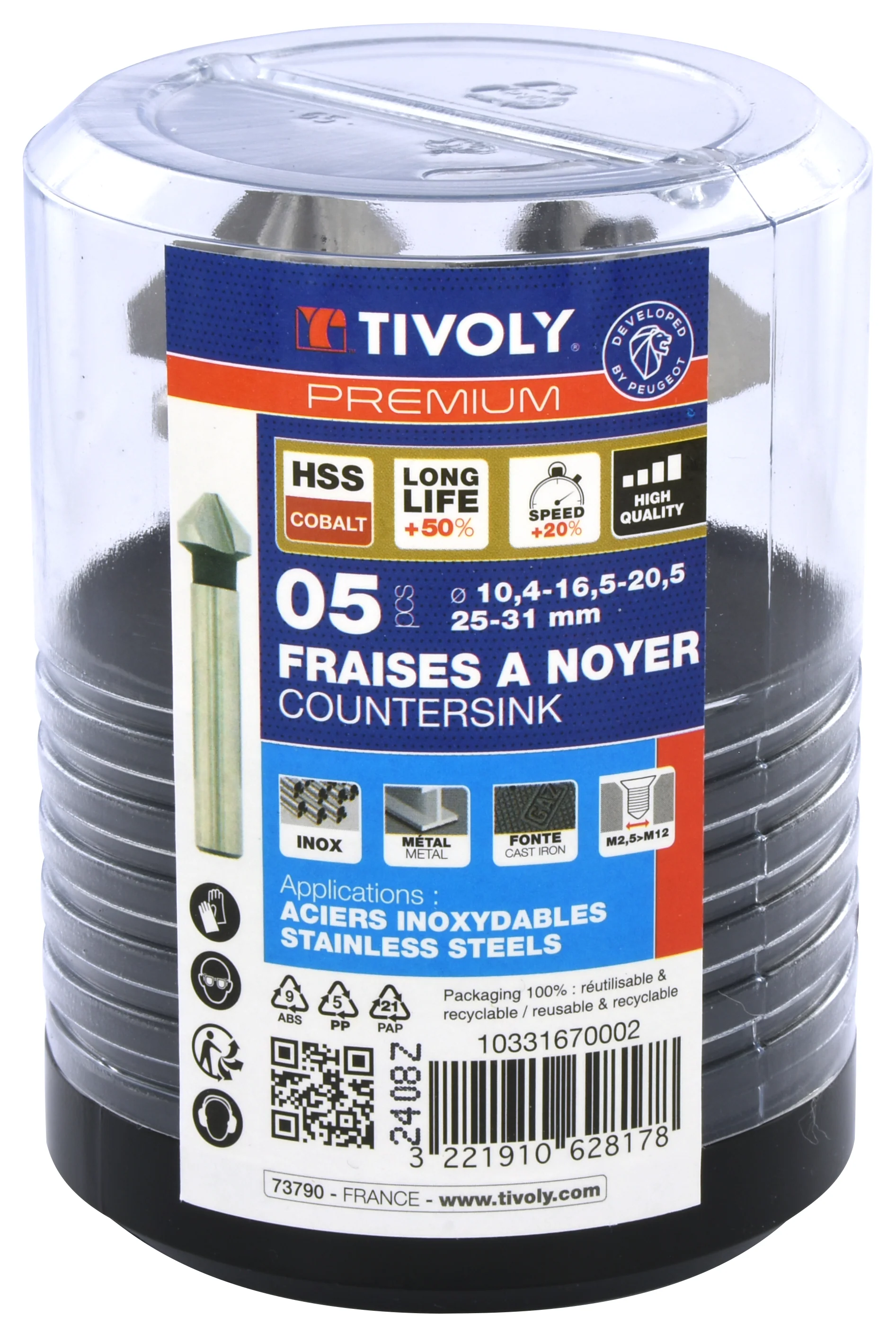 Tivoly   Coffret 5 fraises à noyer HSSE5% cobalt DIN335C à 90° Ø 10,4 à 31 mm PREMIUM - Image 2